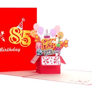 iGifts And Cards Happy 85th Birthday Red Party Box 3D Pop Up Greeting Card - 85th Birthday Gifts For Women, Men, Awesome Eight-Five Bday Presents, 85 Year Old Celebration, Milestone For Husband, Wife