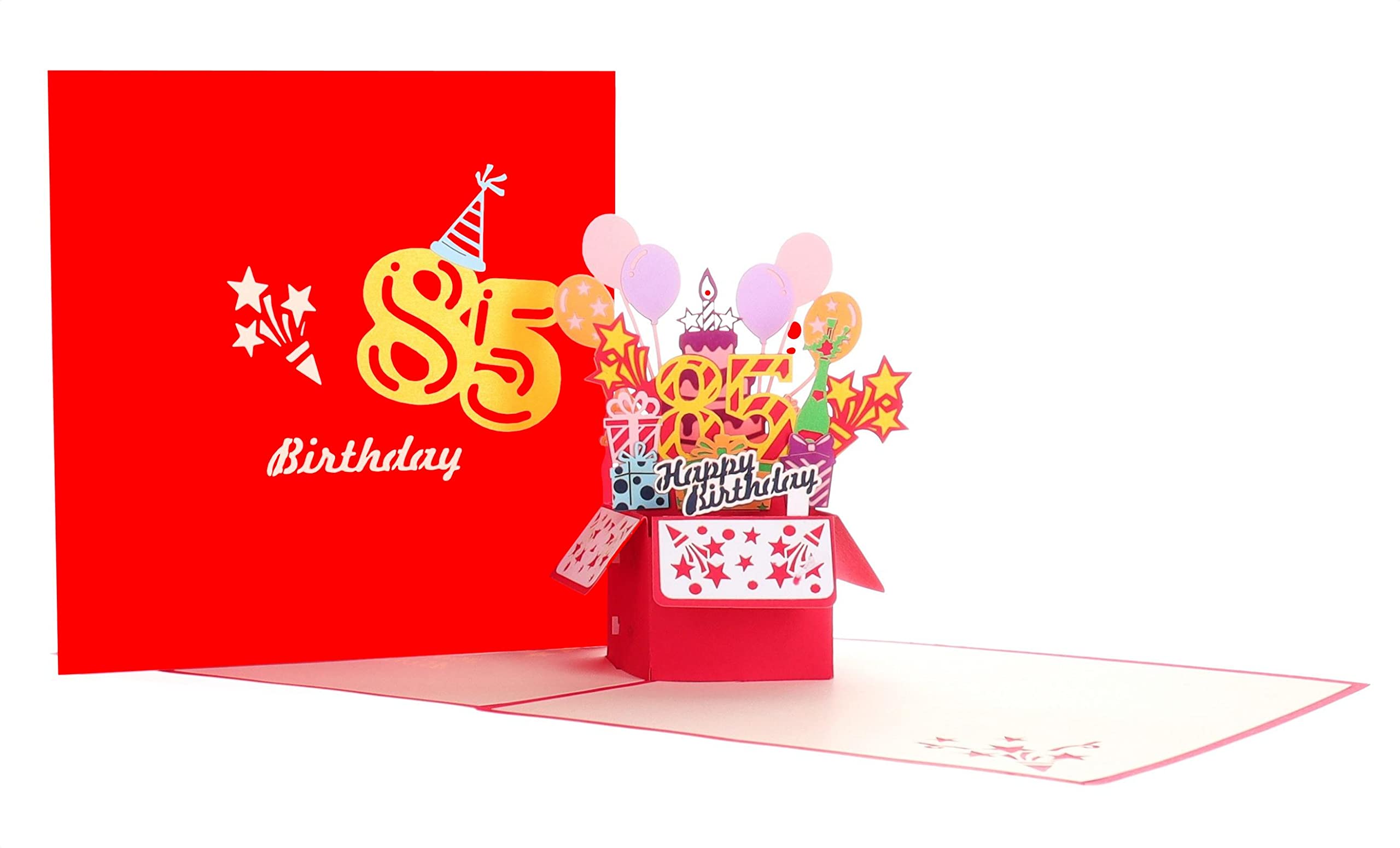 iGifts And Cards Happy 85th Birthday Red Party Box 3D Pop Up Greeting Card - 85th Birthday Gifts For Women, Men, Awesome Eight-Five Bday Presents, 85 Year Old Celebration, Milestone For Husband, Wife