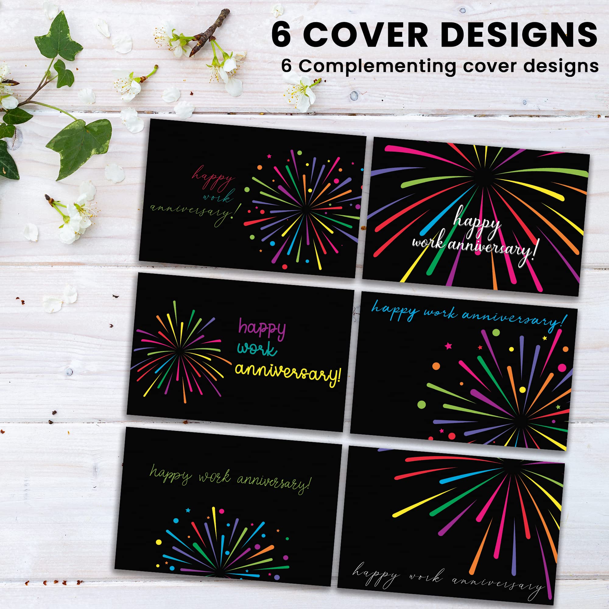 Better Office Products 36 Pack Work Anniversary Cards with Envelopes, Business Employee Appreciation Cards, Bulk Set, 4 x 6 Inch, 6 Fireworks Cover Designs,