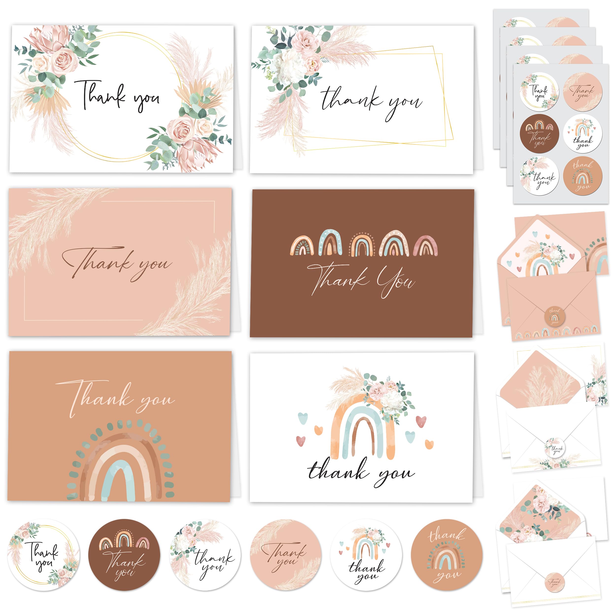 Decorably Thank You Cards with Envelopes & Stickers, Floral-Themed Cards - 24 Pack Boho Thank You Cards, Blank Inside Baby Shower Thank You Cards Girl, 6x4in Baby Girl Thank You Cards Baby Shower Girl