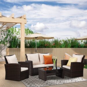 solaste 4 piece patio outdoor furniture sets,patio conversation sofa wicker chair with cushion,hand woven rattan sofa for porch backyard outside garden lawn yard,brown