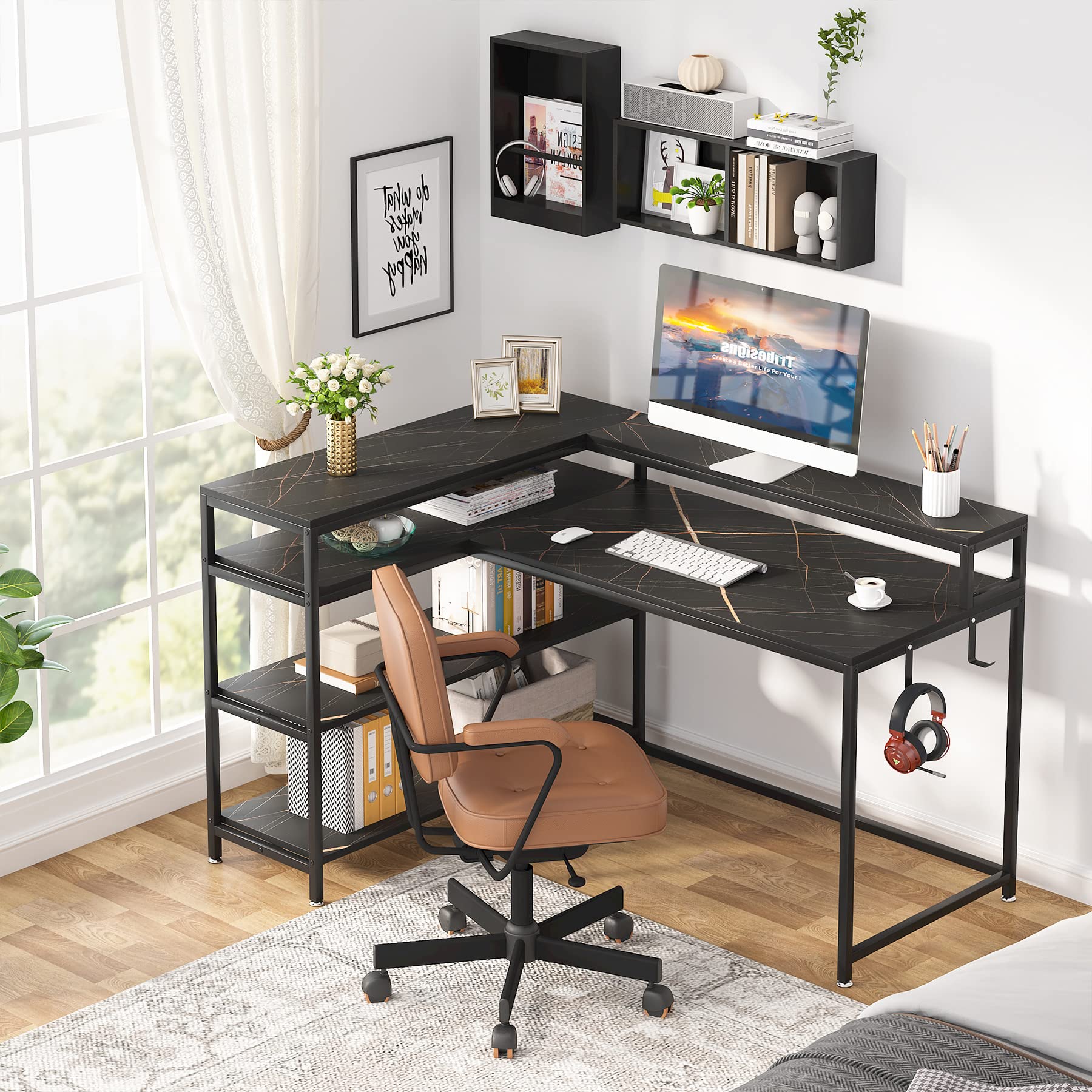 Tribesigns 53 Inch Reversible L Shaped Desk with Storage Shelf, Modern Black Marble Corner Desk with Shelves and Monitor Stand, Gaming Desk for Home Office （53" D x 41" W）