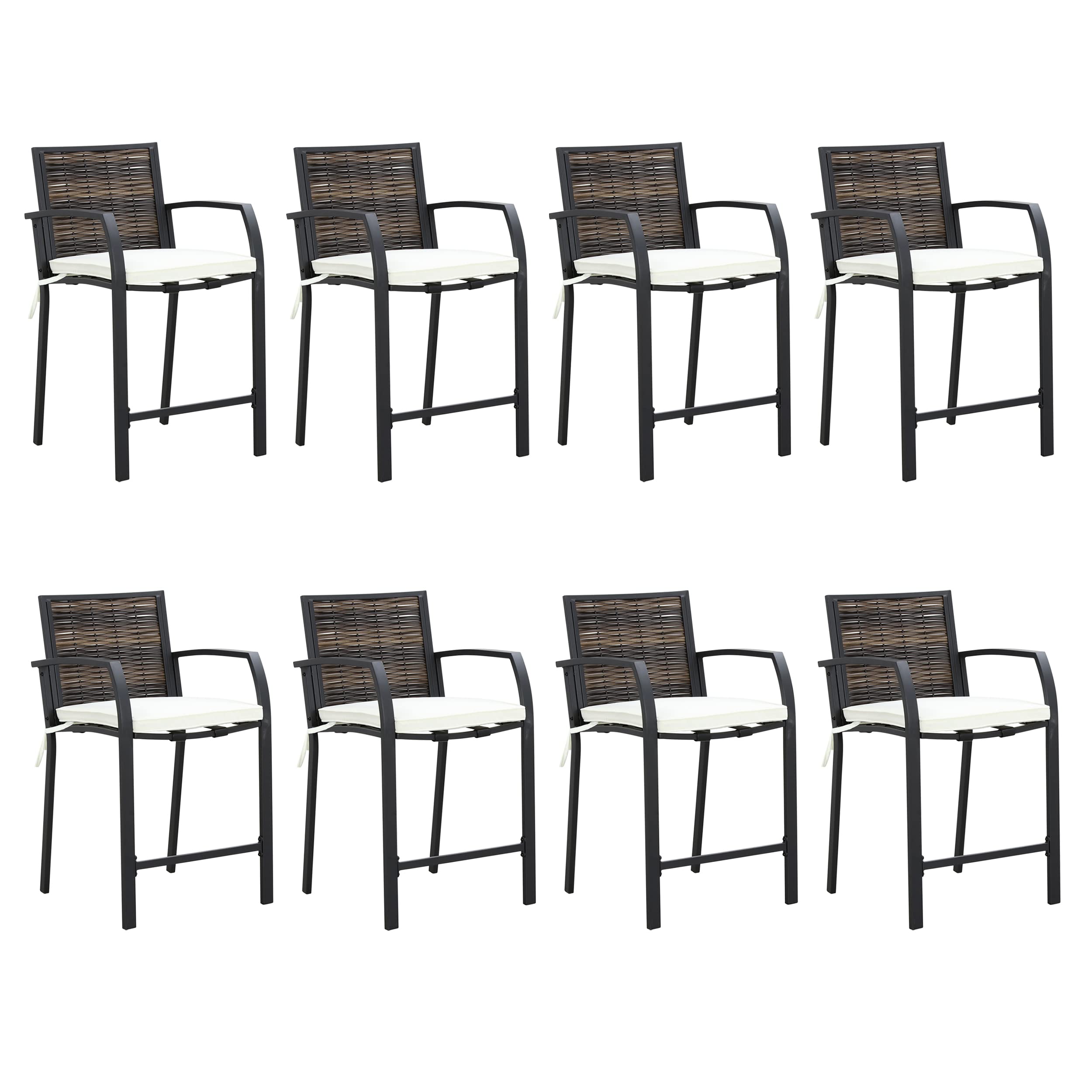 LOKATSE HOME Bar Stools Counter Height Chair Set of 8 Patio Furniture with Armrest for Garden Pool Lawn Backyard, Beige