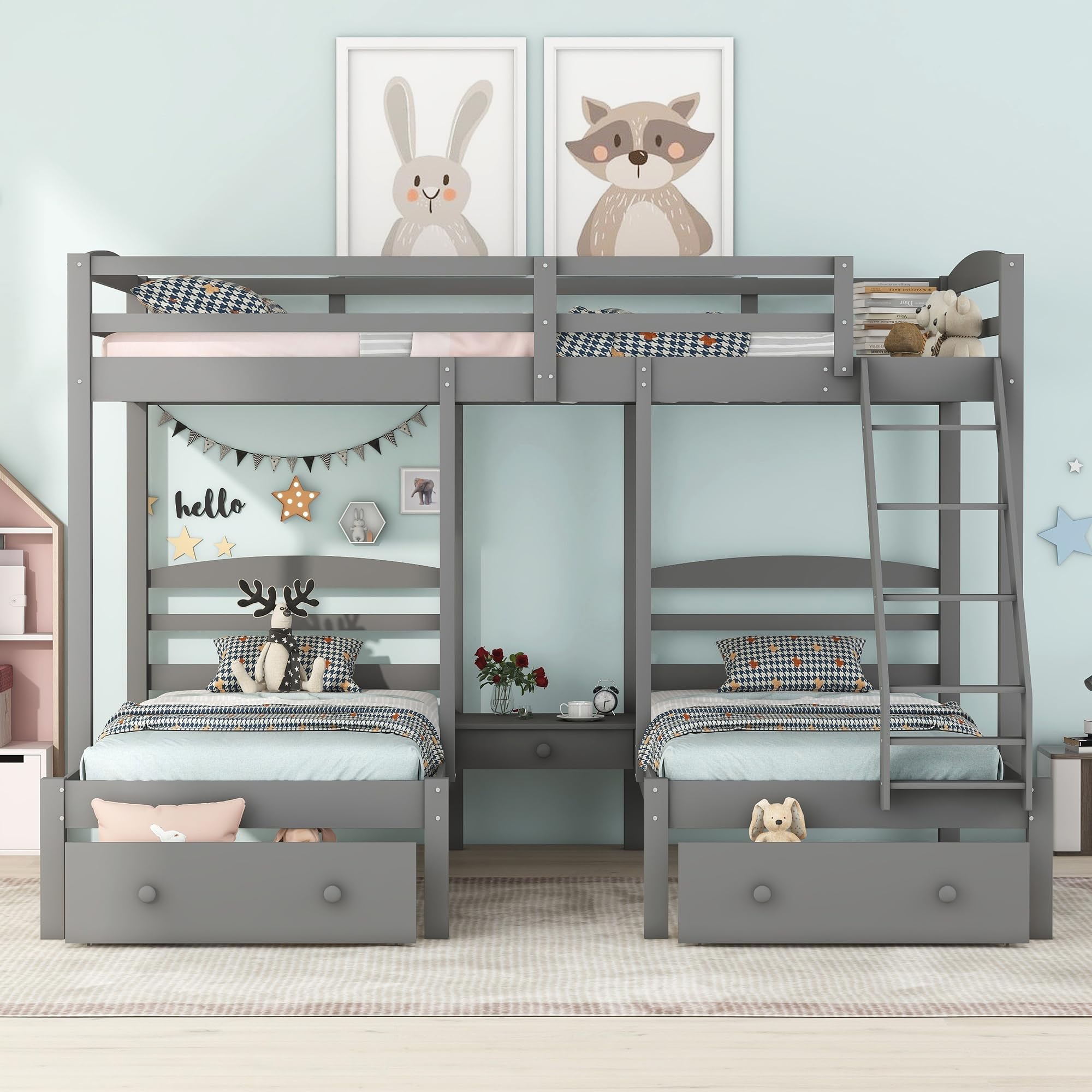 Harper & Bright Designs Triple Bunk Beds with Drawers and Guardrails,Full Over Twin & Twin Bunk Bed with Storage, Wooden Triple Bunk for Kids, Teens,Girls Boys (Gray with Drawers)