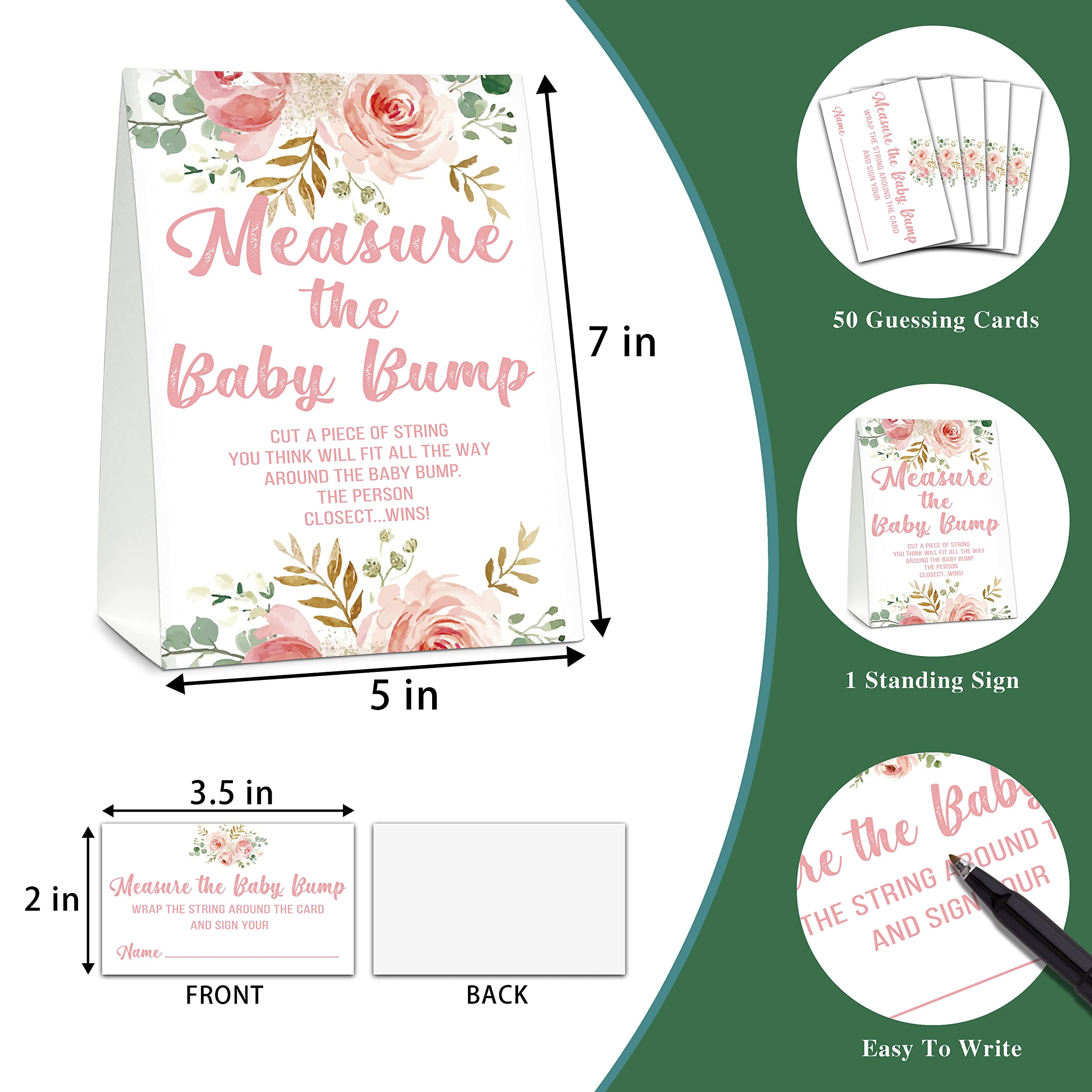 Baby Shower Game Set, Measure The Baby Bump(1 Standing Sign + 50 Guessing Cards), Floral How Big is Mommy's Belly Party Game, Blush Pink Baby Shower/Gender Reveal Party Favor Decor(A02)