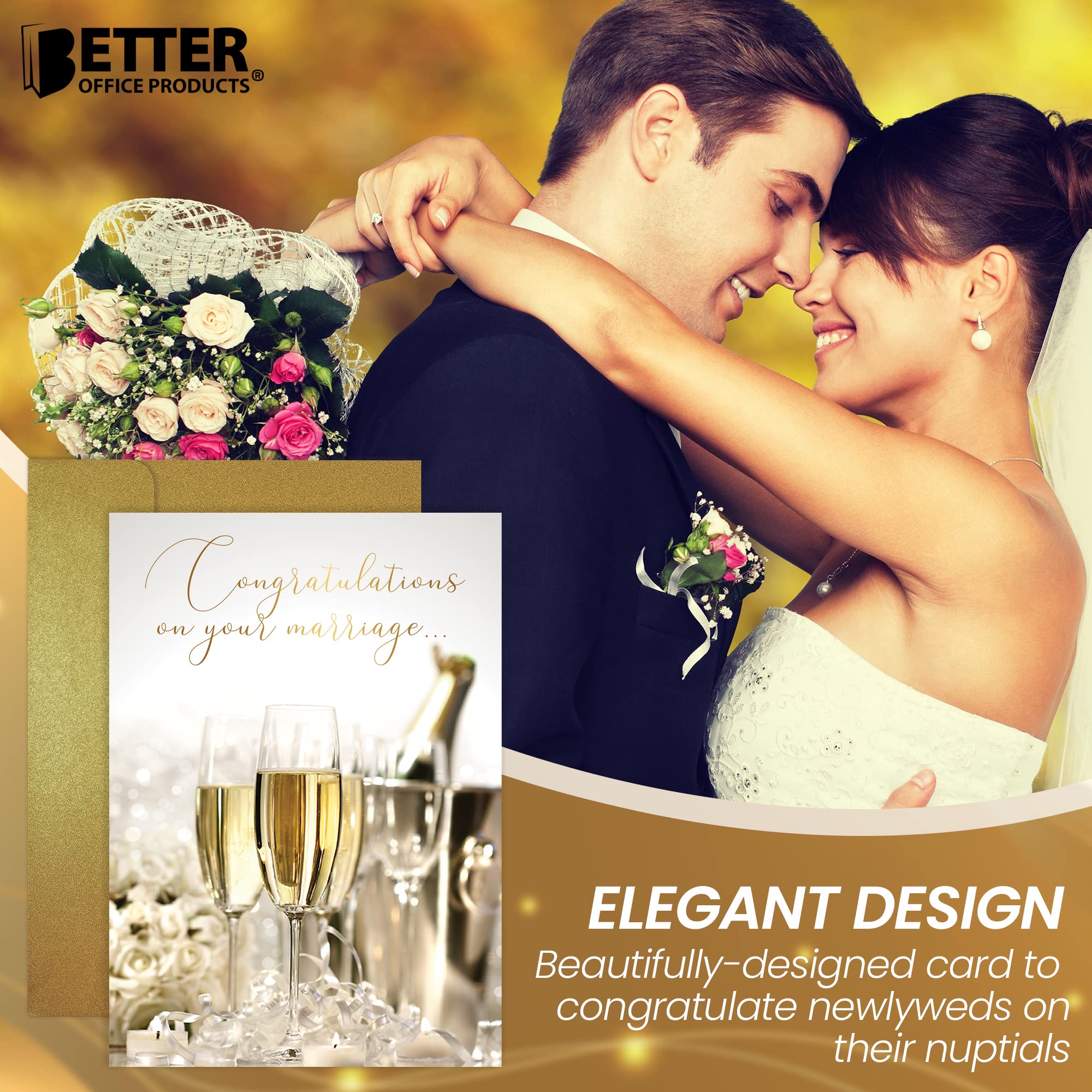 Better Office Products Wedding Congratulations Card with Metallic Gold Foil and Gold Shimmer Envelope, Classic 5 x 7 Inch Size, Heavy Cardstock, High Gloss Finish