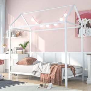 AOCOROE Twin Size House Bed Frame Floor Height Platform Bed for Boys and Girls. Metal Twin Bed House Shaped Canopy Bed Frame with Slats