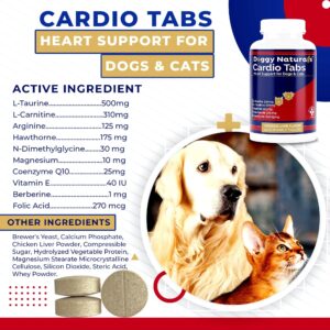 Cardio Tabs Heart Support Supplement for Dogs - Aids Cardio Support and Cardio Strength Supplement for Dog, L-Taurine, L-Carnitine, Hawthorn, L Arginine, Coenzyme Q10 - Made in USA - 120 Tablet