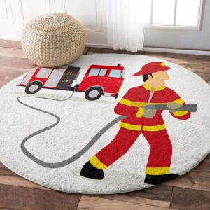 Shag Area Rug, 4ft Indoor Round Area Rugs- Fire Truck and Firefighters Shaggy Carpet Nursery Rug for Kids Baby Bedroom Living Room Home Decor