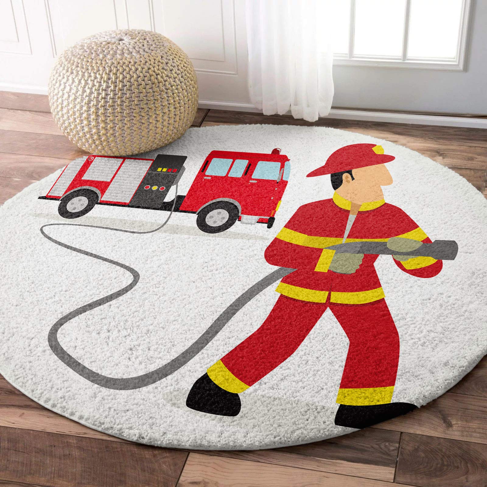 Shag Area Rug, 4ft Indoor Round Area Rugs- Fire Truck and Firefighters Shaggy Carpet Nursery Rug for Kids Baby Bedroom Living Room Home Decor