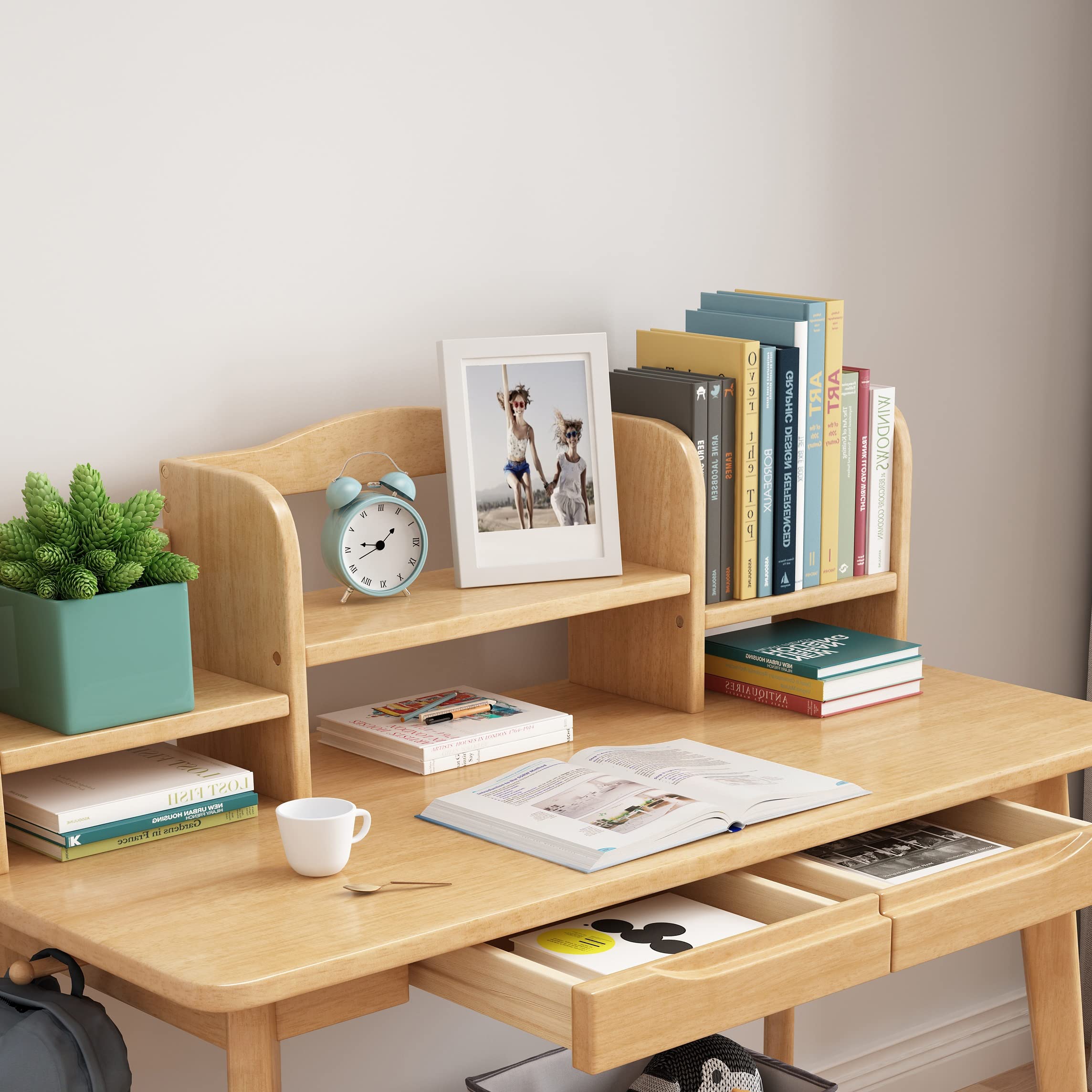 BALANBO Kid's Desk Kid's Table with Drawers and Bookshelf Wooden Kid's Media Desk Student Learning Computer Workstation and Writing Desk (Natural Color