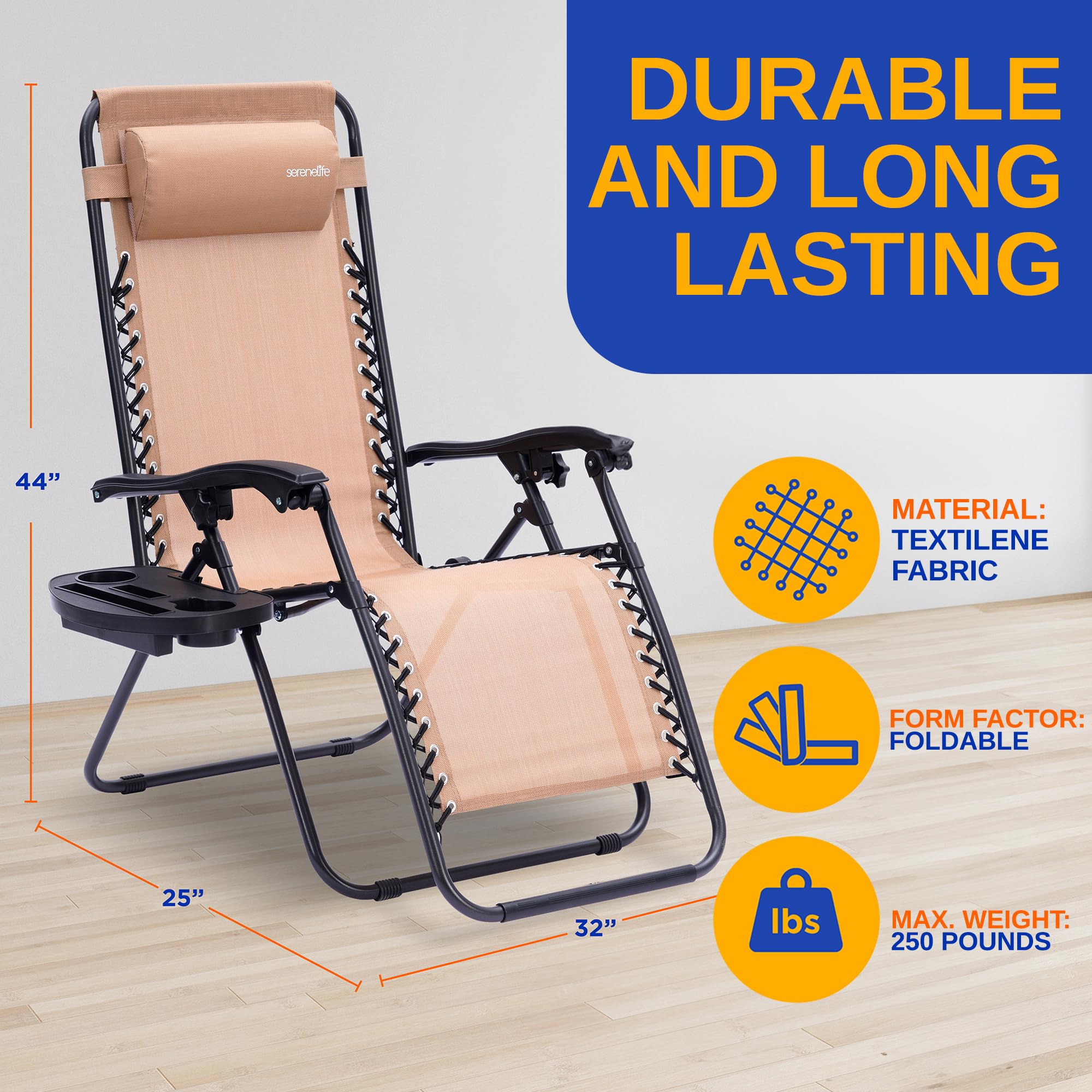 SereneLife Zero Gravity Chairs Set of 2 - Adjustable Steel Mesh Lawn Chairs - Outdoor Lounge Chairs with Detachable Cup Holder Tray - Foldable Outdoor Chair with Removable Pillows - Cream