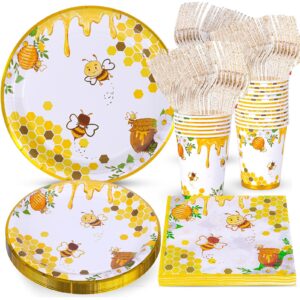 bee party supplies, bee plates and napkins, bee party plates, cups, napkins and cutlery, bee party decorations for baby shower, bee birthday, happy bee day, serves 24