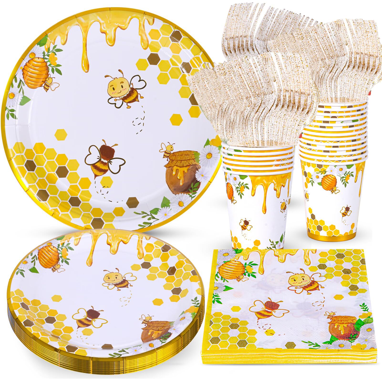 Bee Party Supplies, Bee Plates and Napkins, Bee Party Plates, Cups, Napkins and Cutlery, Bee Party Decorations for Baby Shower, Bee Birthday, Happy Bee Day, Serves 24