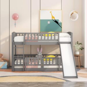 Twin Over Twin Bunk Bed with Fence Door,Slide and Ladder - Bunk Bed for Family, Kids, Teens,No Box Spring Needed