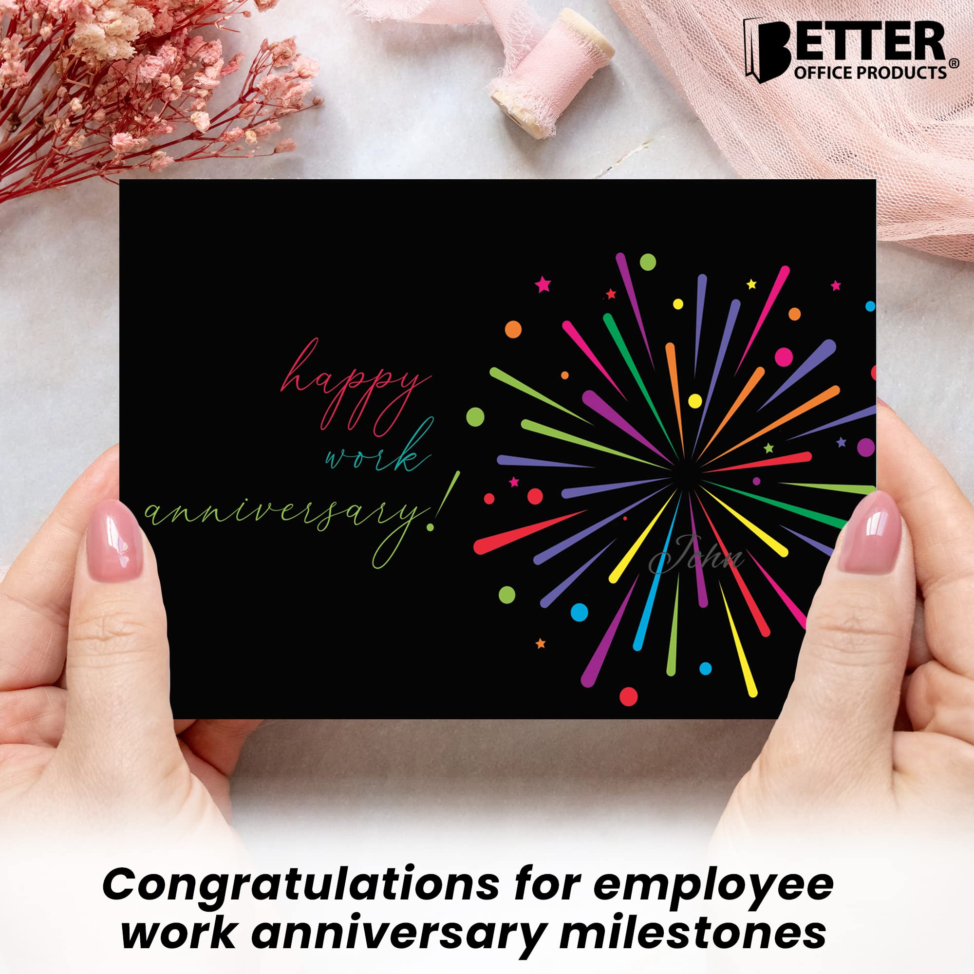 Better Office Products 36 Pack Work Anniversary Cards with Envelopes, Business Employee Appreciation Cards, Bulk Set, 4 x 6 Inch, 6 Fireworks Cover Designs,