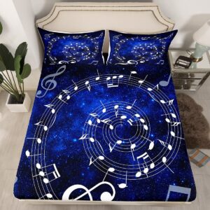 Music Note Swirl Sheet Set Kids Boys Girls Blue Starry Sky Fitted Sheets Set Full Size Music Stave Bedding Sheet Sets Includes 1 Flat Sheet,1 Fitted Sheet,2 Pillowcases