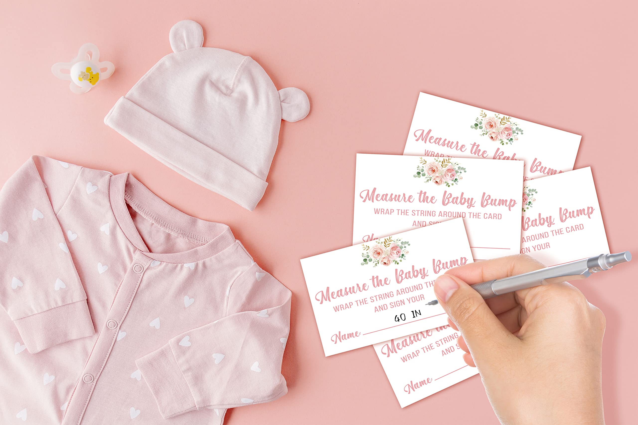 Baby Shower Game Set, Measure The Baby Bump(1 Standing Sign + 50 Guessing Cards), Floral How Big is Mommy's Belly Party Game, Blush Pink Baby Shower/Gender Reveal Party Favor Decor(A02)