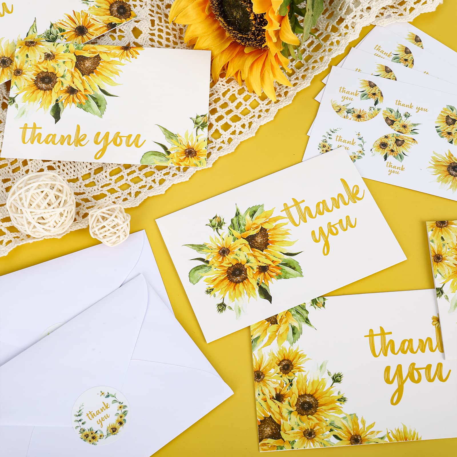 AnyDesign Sunflower Thank You Cards Bulk 36 Pack Thank You Notes with Matching Seal Stickers White Envelopes Watercolor Summer Floral Greeting Cards for Wedding Baby Shower Bridal Birthday Party