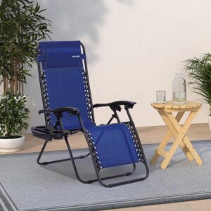 SereneLife Zero Gravity Chairs Set of 2 - Adjustable Steel Mesh Lawn Chairs - Outdoor Lounge Chairs with Detachable Cup Holder Tray - Foldable Outdoor Chair with Removable Pillows - Navy Blue