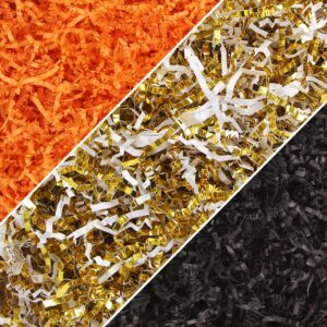 lomimos 300g/10.6oz halloween raffia paper confetti shred,orange black gold cut paper filler for gift wrapping craft diy packaging filling party decoration