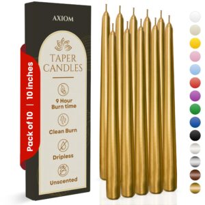 axiom 10 count gold taper candles - 10 inch dripless - unscented smokeless tall candle sticks - 9 hour burn time - tapered candles for home, centerpieces, dinners, weddings, parties, celebration