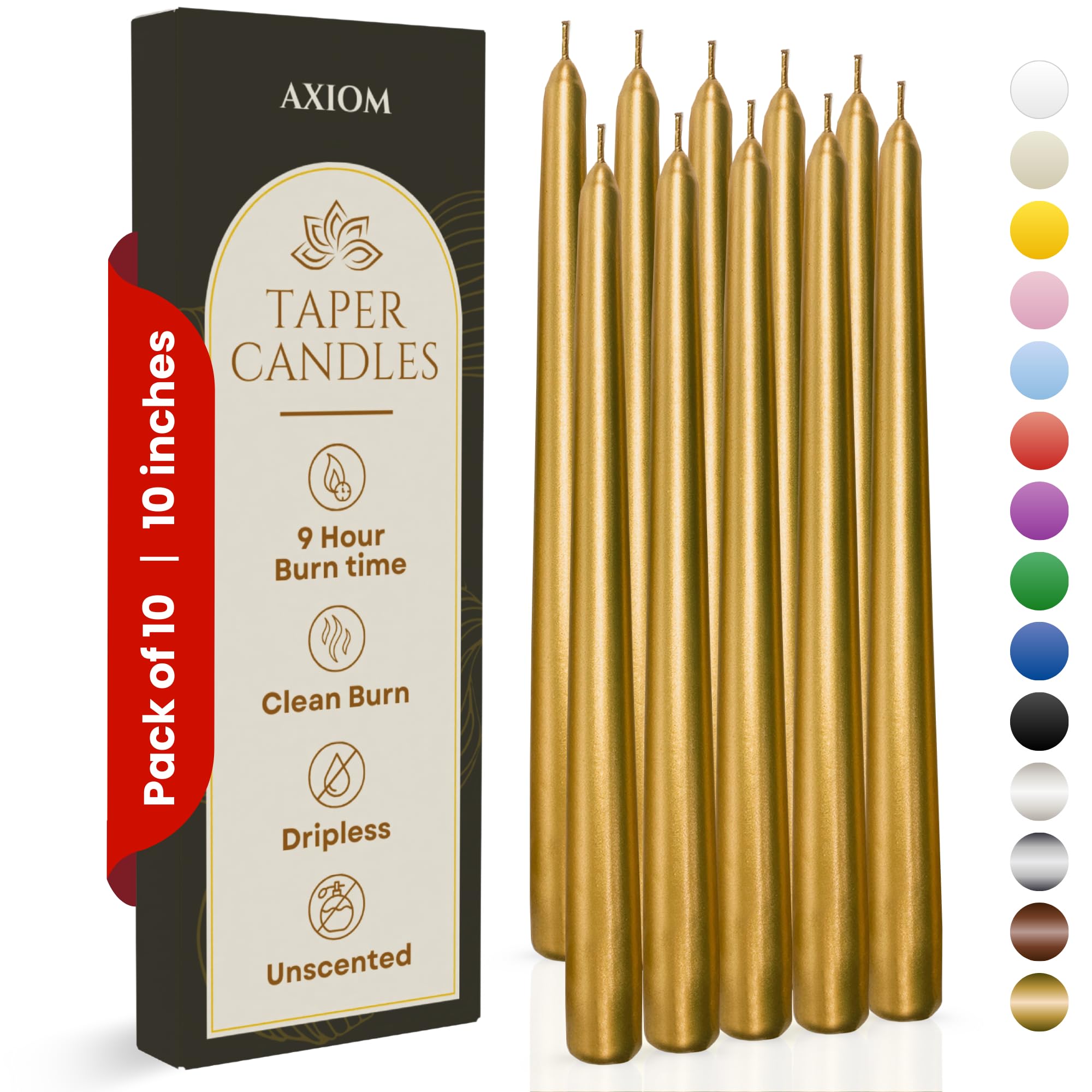 Axiom 10 Count Gold Taper Candles - 10 Inch Dripless - Unscented Smokeless Tall Candle Sticks - 9 Hour Burn Time - Tapered Candles for Home, Centerpieces, Dinners, Weddings, Parties, Celebration