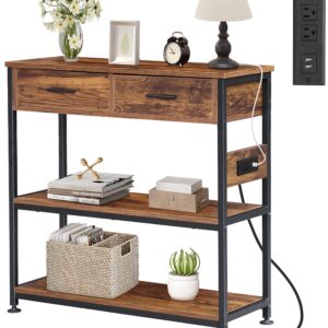 DANSION Console Table with 2 Drawers, Entryway Table with Outlets and USB Ports, Industrial 3 Tier Sofa Table Narrow Long with Storage Shelves for Living Room, 32 Inch