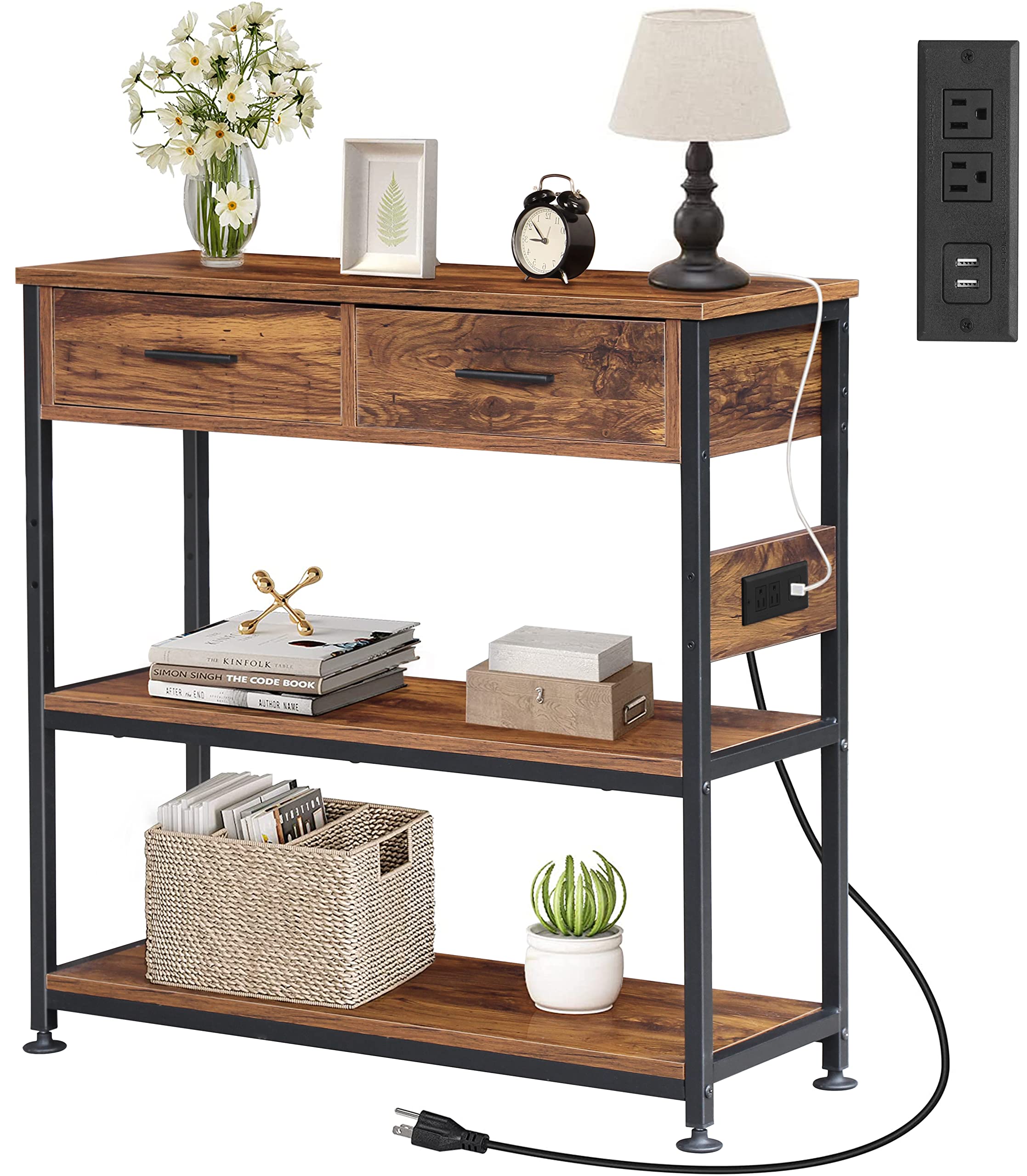 DANSION Console Table with 2 Drawers, Entryway Table with Outlets and USB Ports, Industrial 3 Tier Sofa Table Narrow Long with Storage Shelves for Living Room, 32 Inch