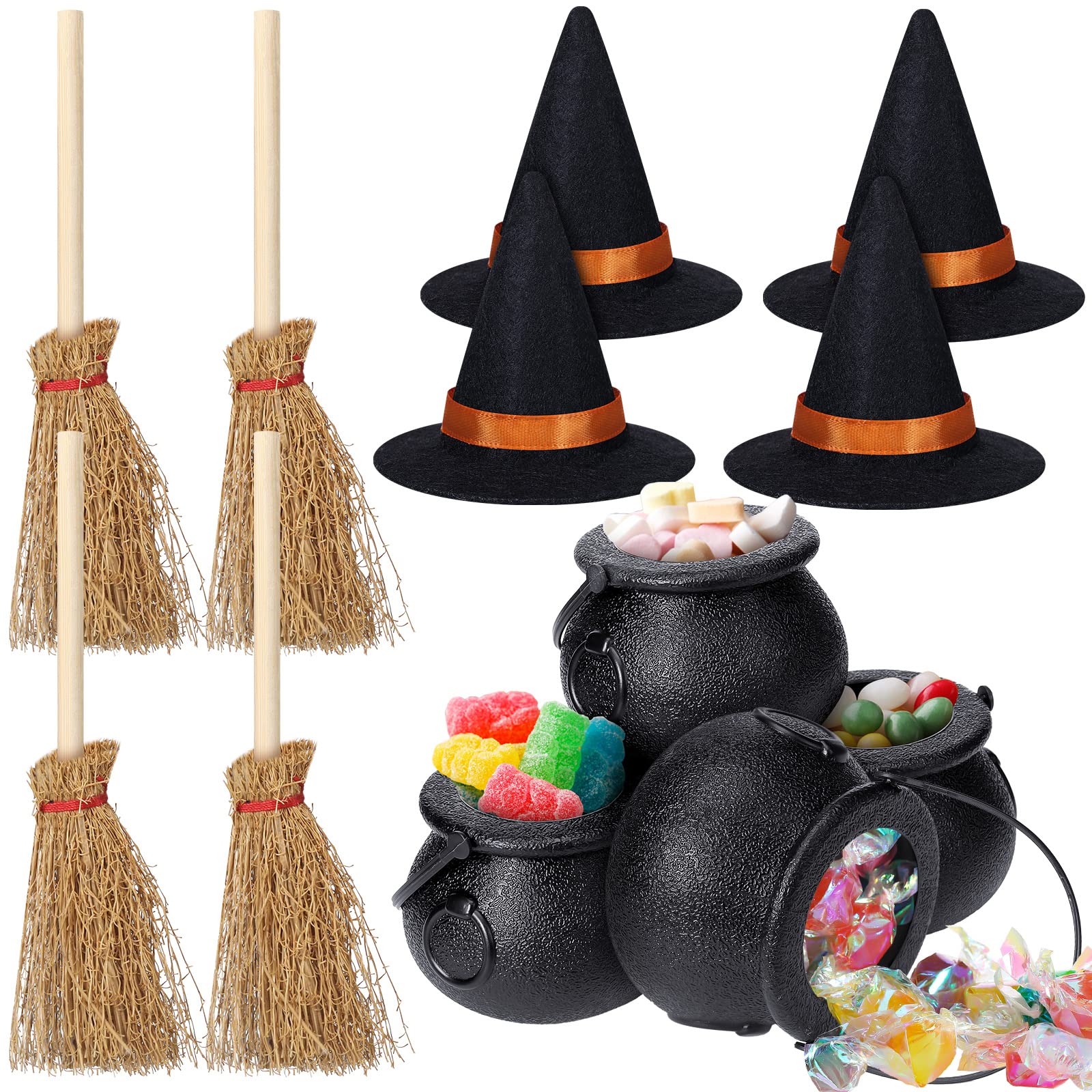 12 Pcs Halloween Mini Witch Hats Candy Cauldron Mini Broom Witch Craft Miniatures Wizard Accessory for Halloween Decorations(Vivid Style)