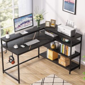 Tribesigns 53 Inch Reversible L Shaped Desk with Storage Shelf, Modern Black Marble Corner Desk with Shelves and Monitor Stand, Gaming Desk for Home Office （53" D x 41" W）