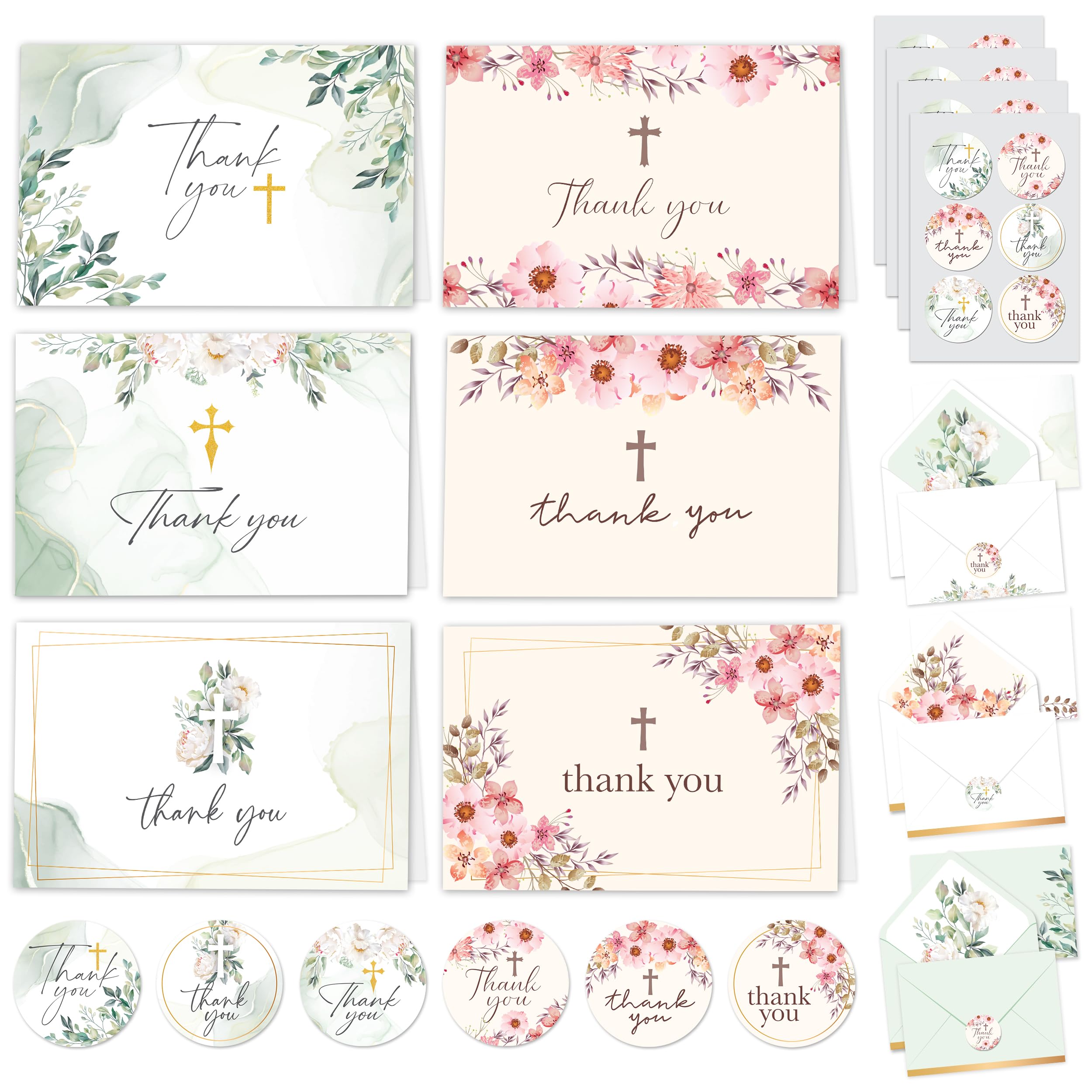 Decorably Thank You Cards with Envelopes & Stickers, Baptism Cards - 24 Pack Baptism Thank You Cards, Blank Inside Religious Thank You Cards Baptism, 6x4in Christian Thank You Cards with Envelopes