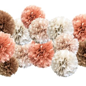 Tissue Pom Poms Wedding Party Decorations – 20 Pieces Dusty Pink Brown Pastel Cream Ivory Paper Flowers Kit for Engagement Bridal Baby Shower Bachelorette Hanging Decor (Rose Gold)