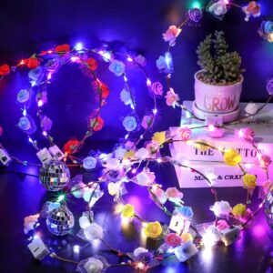 35 Pcs LED Flower Crowns Light up Flower Crown Bulk Headbands Headpieces Rose Hair Accessories for Woman Girls Kid Brides Birthday Wedding Mardi Gras Beach Party Favors Supplies, 7 Colors