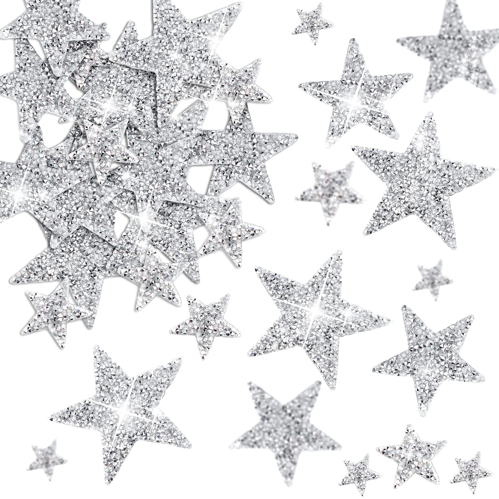 Geosar 60 Pcs Iron on Star Patches Star Shape Rhinestone Appliques Adhesive Glitter Star Patches Rhinestone Appliques Embellishments Patches in 4 Size for DIY(Silver)