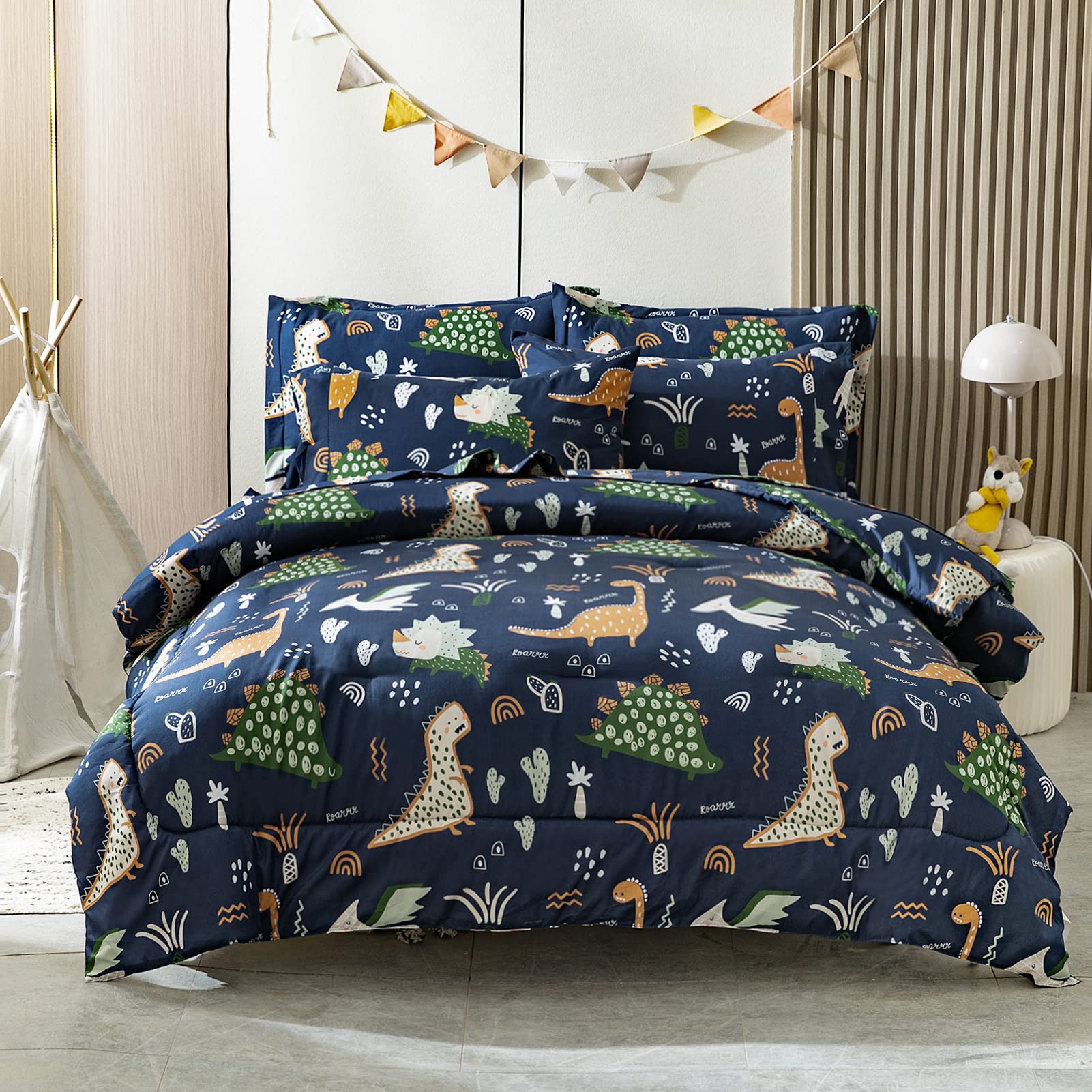 HollyHOME 7 Pieces Teens Comforter Set Dinosaur Pattern Bed in A Bag Bedding Set for Boys, Blue, Full/Queen