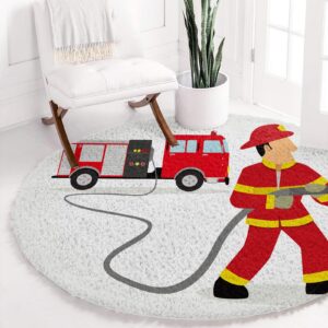 Shag Area Rug, 4ft Indoor Round Area Rugs- Fire Truck and Firefighters Shaggy Carpet Nursery Rug for Kids Baby Bedroom Living Room Home Decor