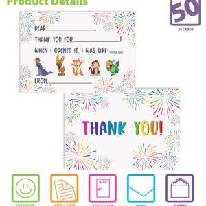 Better Office Products 50 Pack Kids Fill in the Blank Thank You Cards with Envelopes, for Boys and Girls, 4.25 x 6 Inch, Double Sided Design, Fun Characters to Circle