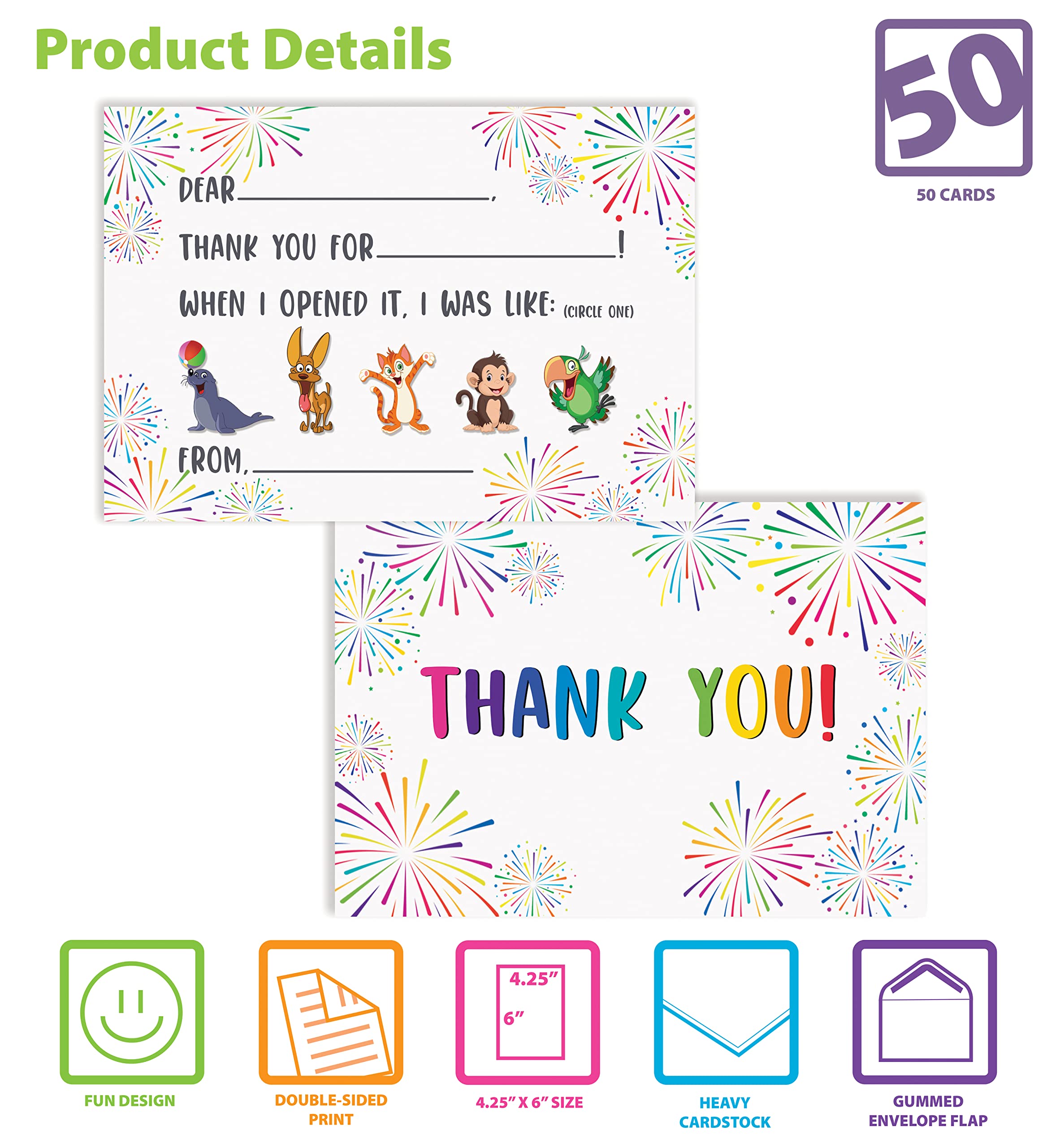 Better Office Products 50 Pack Kids Fill in the Blank Thank You Cards with Envelopes, for Boys and Girls, 4.25 x 6 Inch, Double Sided Design, Fun Characters to Circle