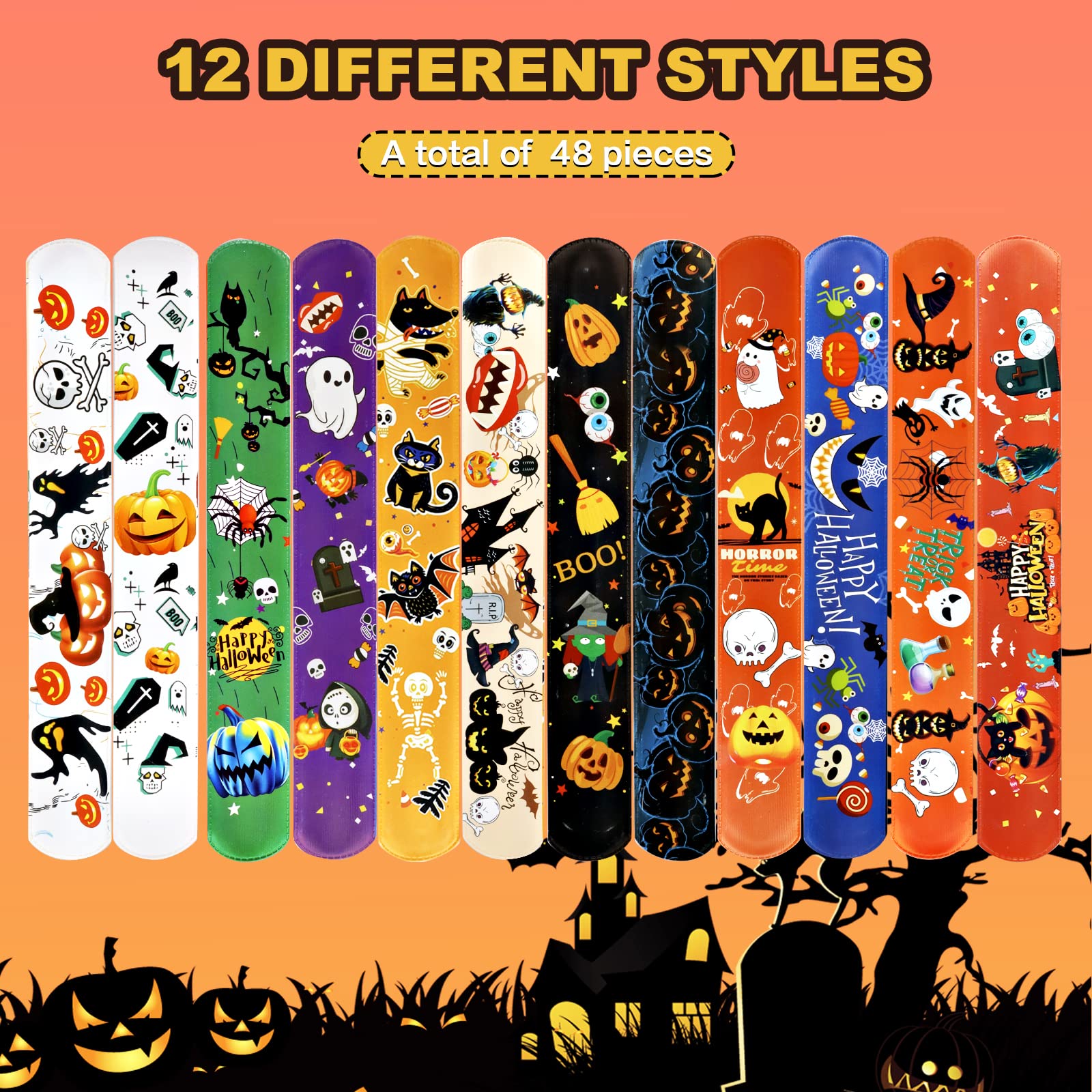 JDSTY 48 PCS Halloween Slap Bracelets Halloween Toys for Kids Girls Boys Halloween Party Favors Halloween Treat Bags Gifts…