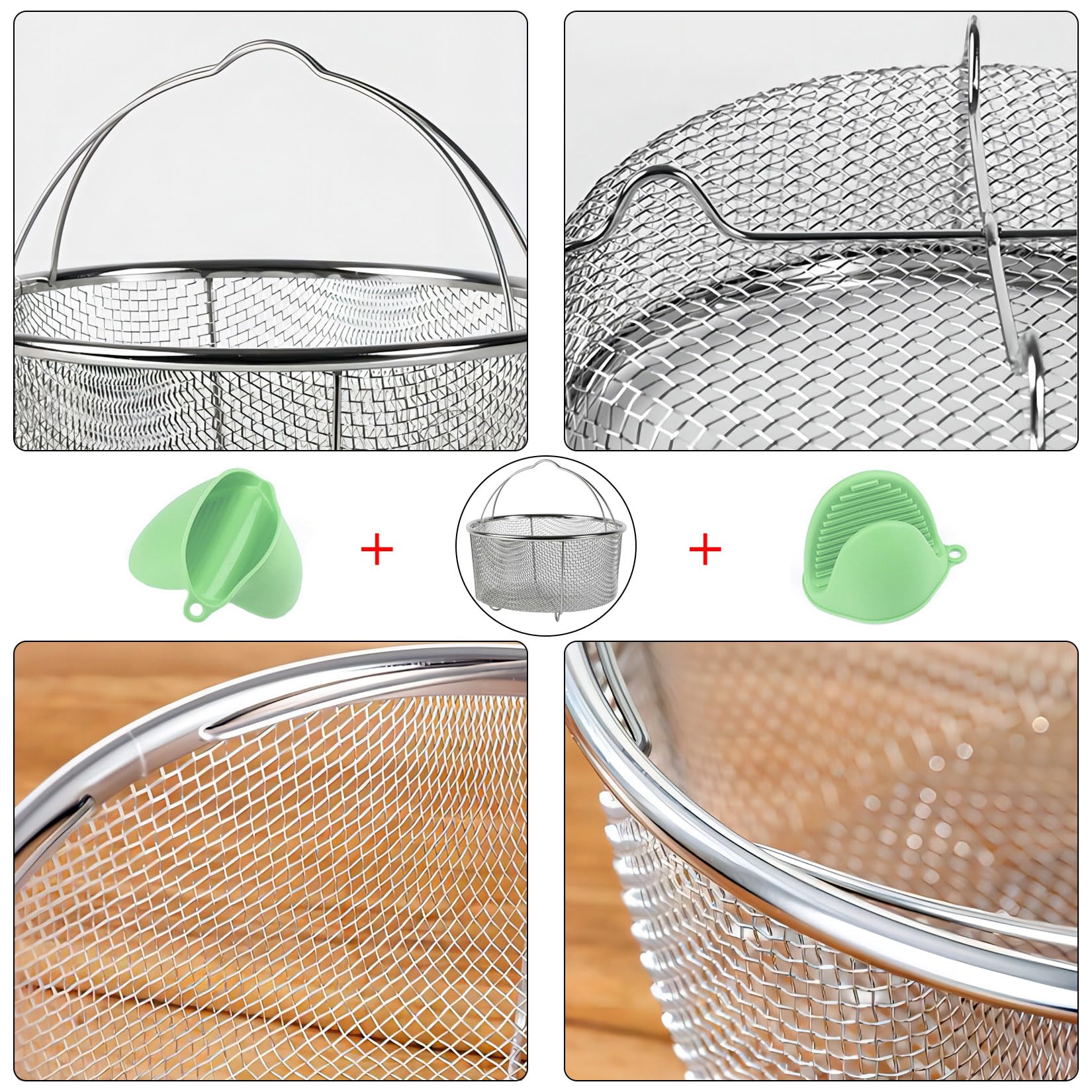 GREATLINK Mesh Steamer Basket, Stainless Steel Mesh Net Strainer Basket and Insert, Pressure Cookers and Pots,for Washing, Fry, Steam or Cook Fruits,Vegetables and Pastas (Free 2 Pcs silicone gloves)