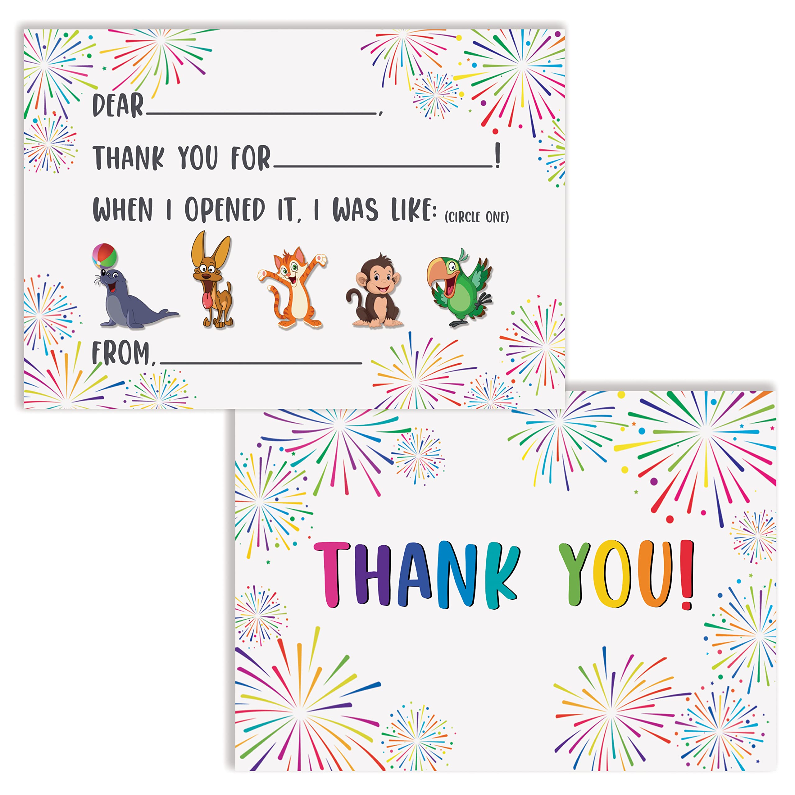 Better Office Products 50 Pack Kids Fill in the Blank Thank You Cards with Envelopes, for Boys and Girls, 4.25 x 6 Inch, Double Sided Design, Fun Characters to Circle