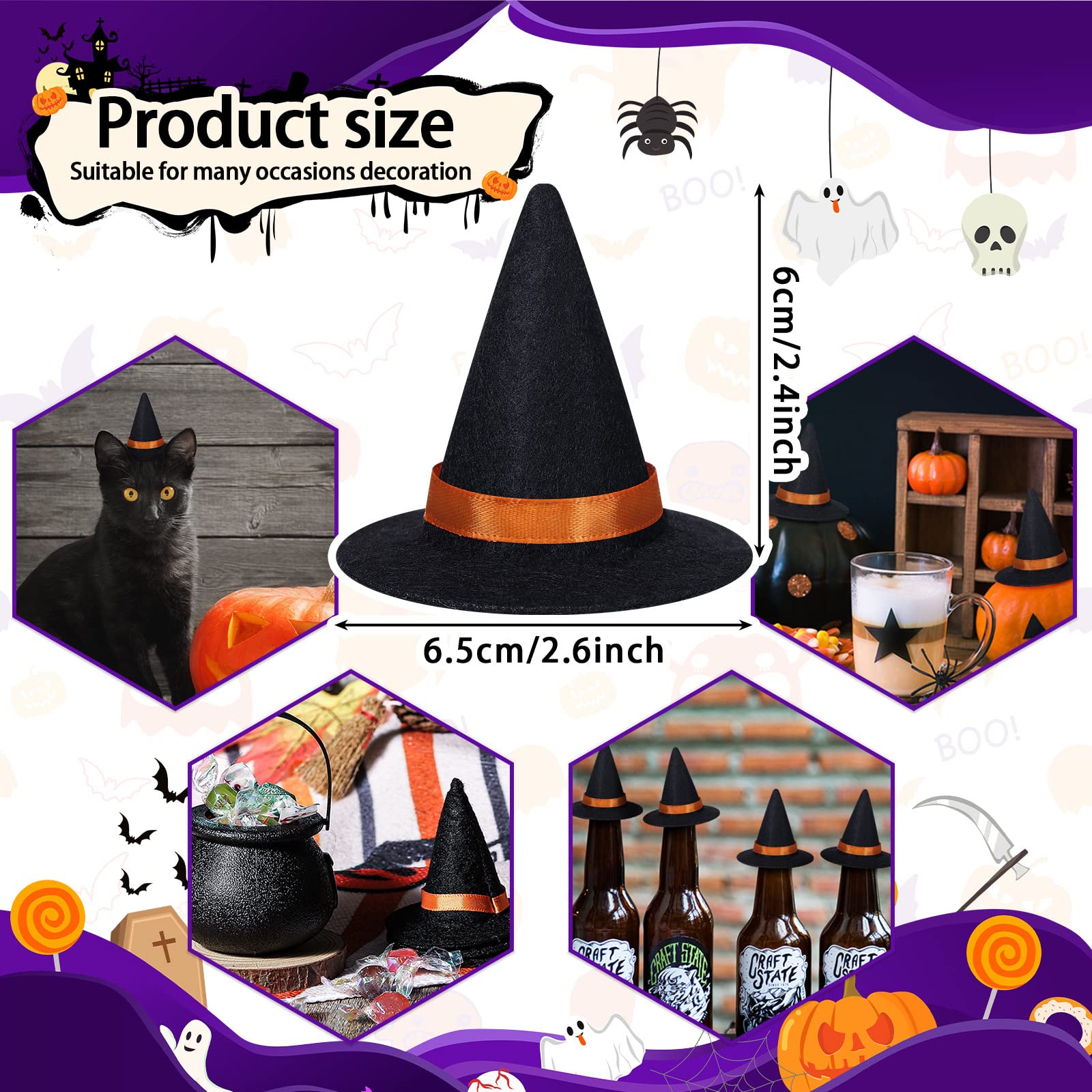 12 Pcs Halloween Mini Witch Hats Candy Cauldron Mini Broom Witch Craft Miniatures Wizard Accessory for Halloween Decorations(Vivid Style)