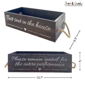 Pret & Lively Farmhouse Box, Bathroom, Storage Basket, Toilet Paper Holder, Funny Gift, Diaper Caddy, Cute Signs, Rustic Wooden Crate with Rope Handles, Artificial Plant, Brown