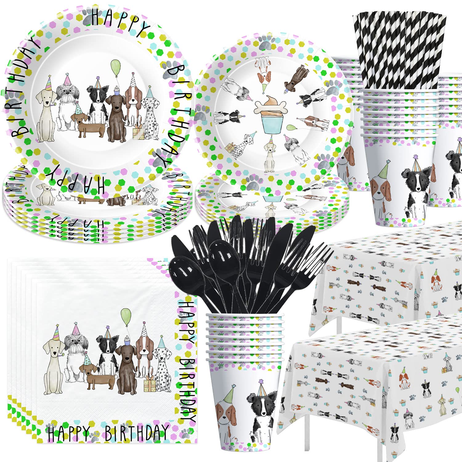 Xigejob Puppy Dog Birthday Party Supplies, Dog Party Decorations Tableware, Paper Plate, Cup, Napkin, Tablecloth, Cutlery, Straw, Puppy Dog Theme Birthday Baby Shower Decorations Dinnerware | Serve 24