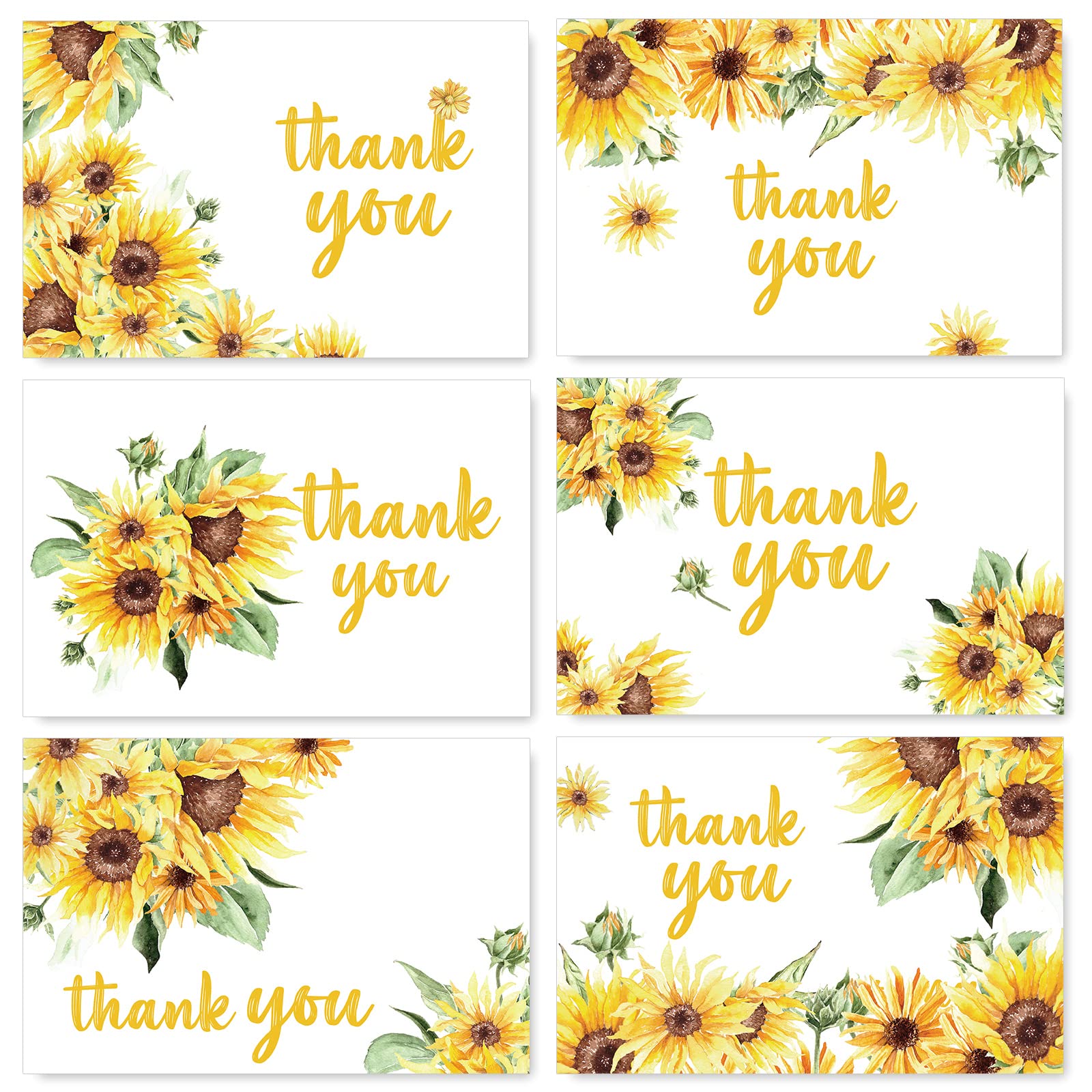 AnyDesign Sunflower Thank You Cards Bulk 36 Pack Thank You Notes with Matching Seal Stickers White Envelopes Watercolor Summer Floral Greeting Cards for Wedding Baby Shower Bridal Birthday Party