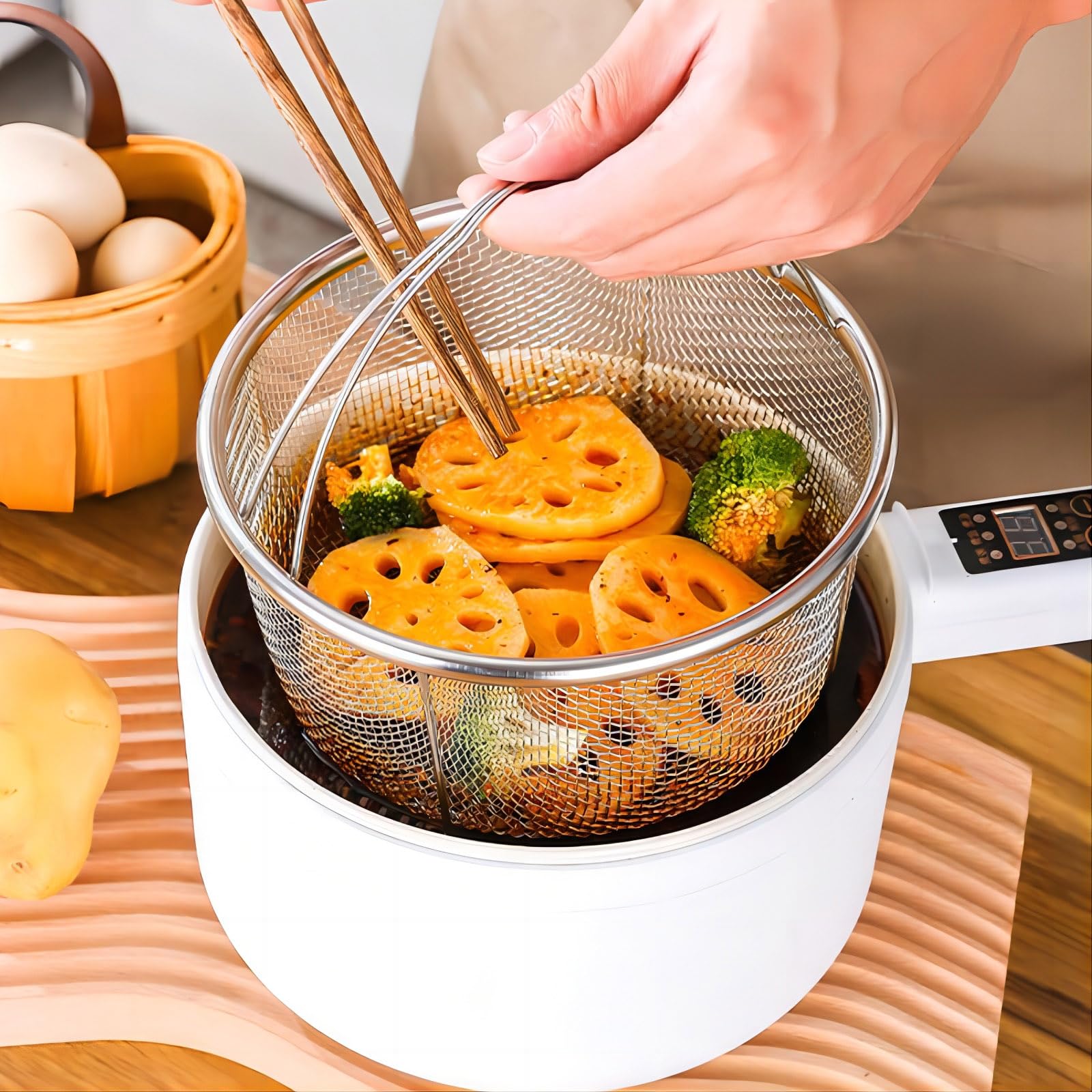 GREATLINK Mesh Steamer Basket, Stainless Steel Mesh Net Strainer Basket and Insert, Pressure Cookers and Pots,for Washing, Fry, Steam or Cook Fruits,Vegetables and Pastas (Free 2 Pcs silicone gloves)