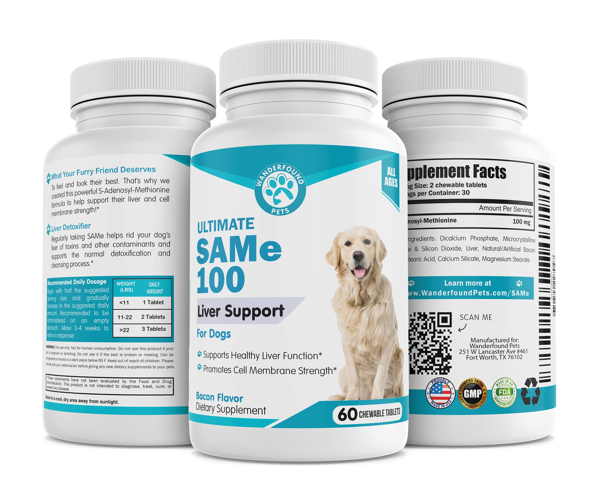 Same 100, Liver Support for Dogs, SAM e Chewable Hepatic Support for Dogs, Promotes Cell Membrane Strength, Bacon Flavor (60 Count)