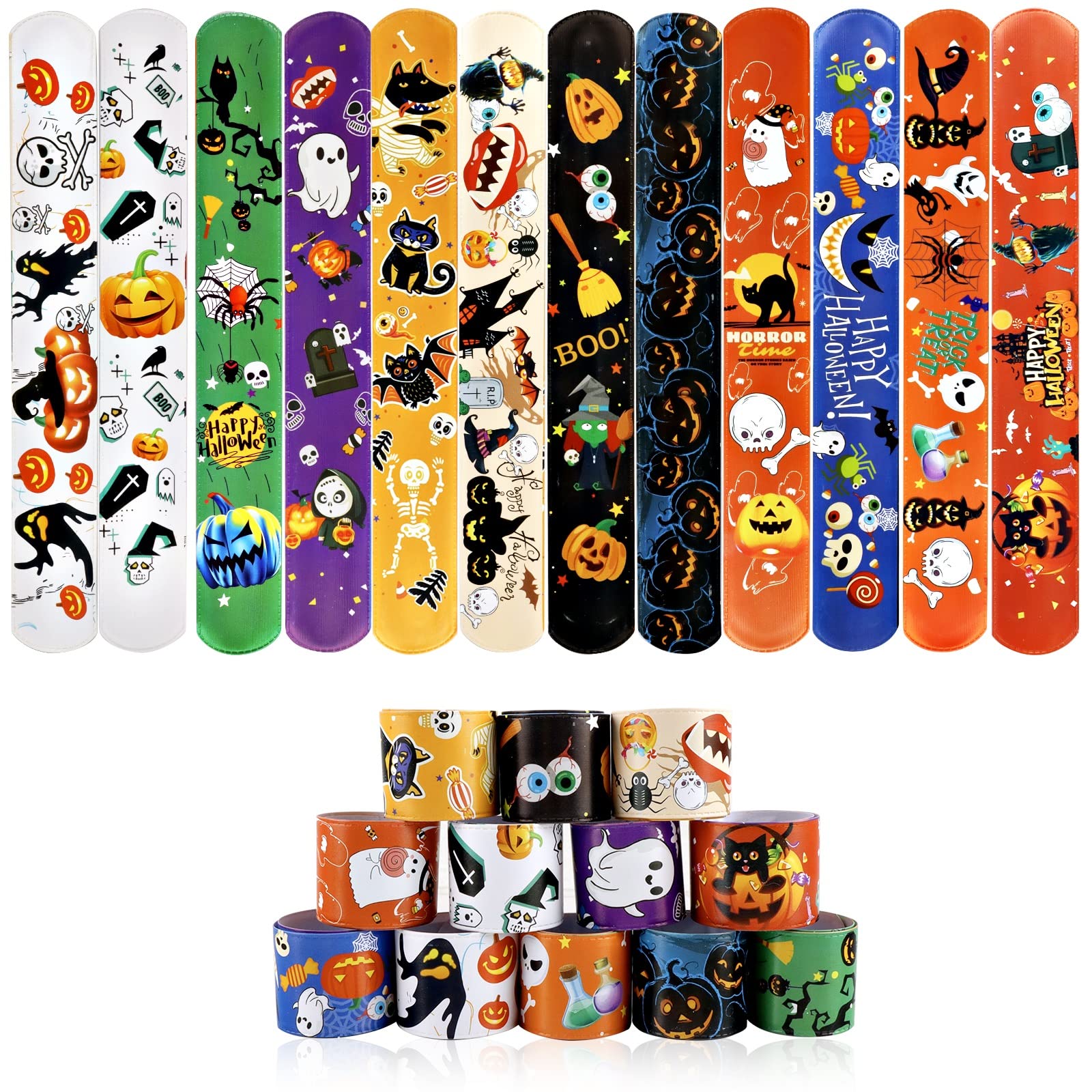 JDSTY 48 PCS Halloween Slap Bracelets Halloween Toys for Kids Girls Boys Halloween Party Favors Halloween Treat Bags Gifts…