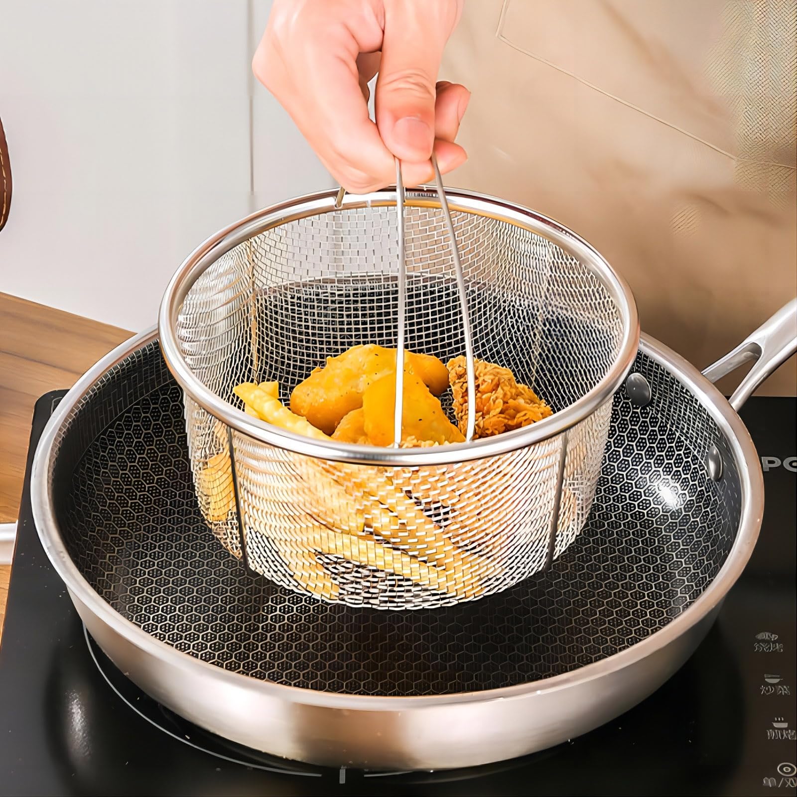 GREATLINK Mesh Steamer Basket, Stainless Steel Mesh Net Strainer Basket and Insert, Pressure Cookers and Pots,for Washing, Fry, Steam or Cook Fruits,Vegetables and Pastas (Free 2 Pcs silicone gloves)